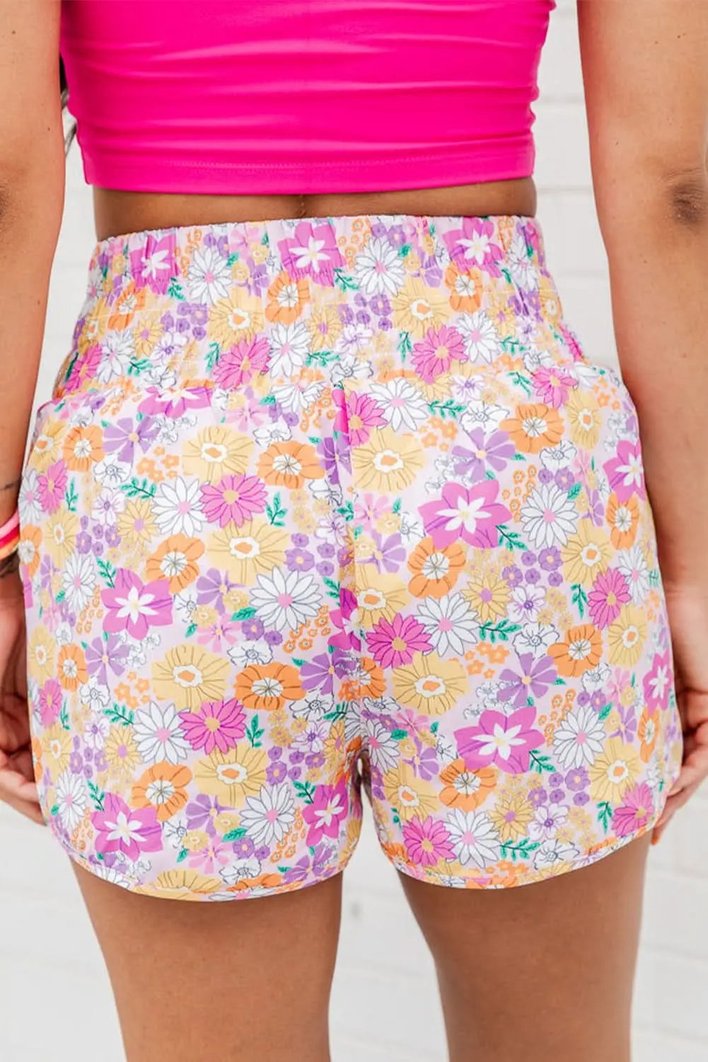 Pink Boho Floral Shirred High Waist Casual Shorts - Love Salve